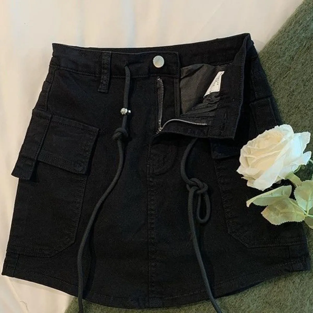 Zoki moda denim mini gonna cargo donna estate vita alta coulisse grandi tasche gonna jeans stile preppy gonna casual