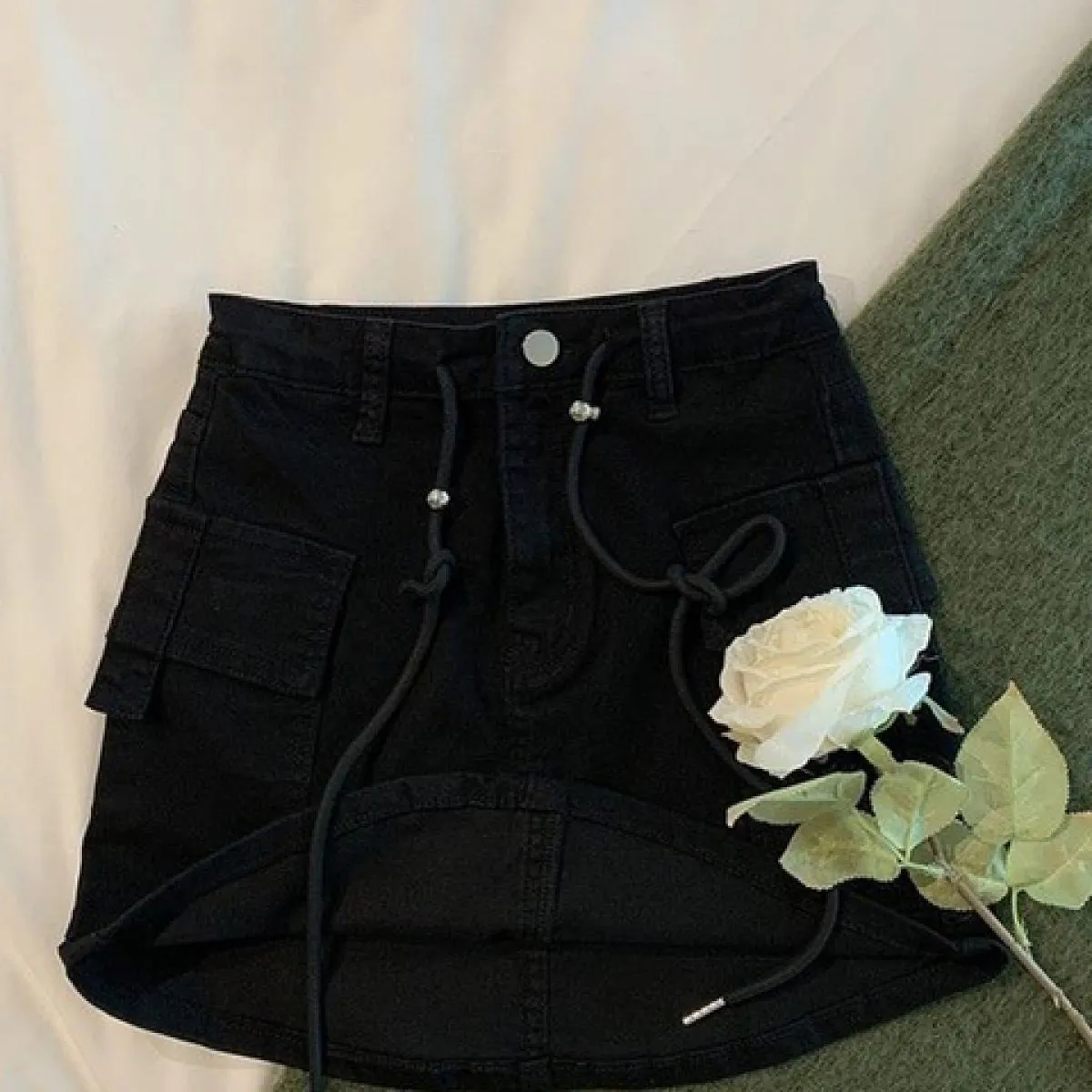 Zoki moda denim mini gonna cargo donna estate vita alta coulisse grandi tasche gonna jeans stile preppy gonna casual