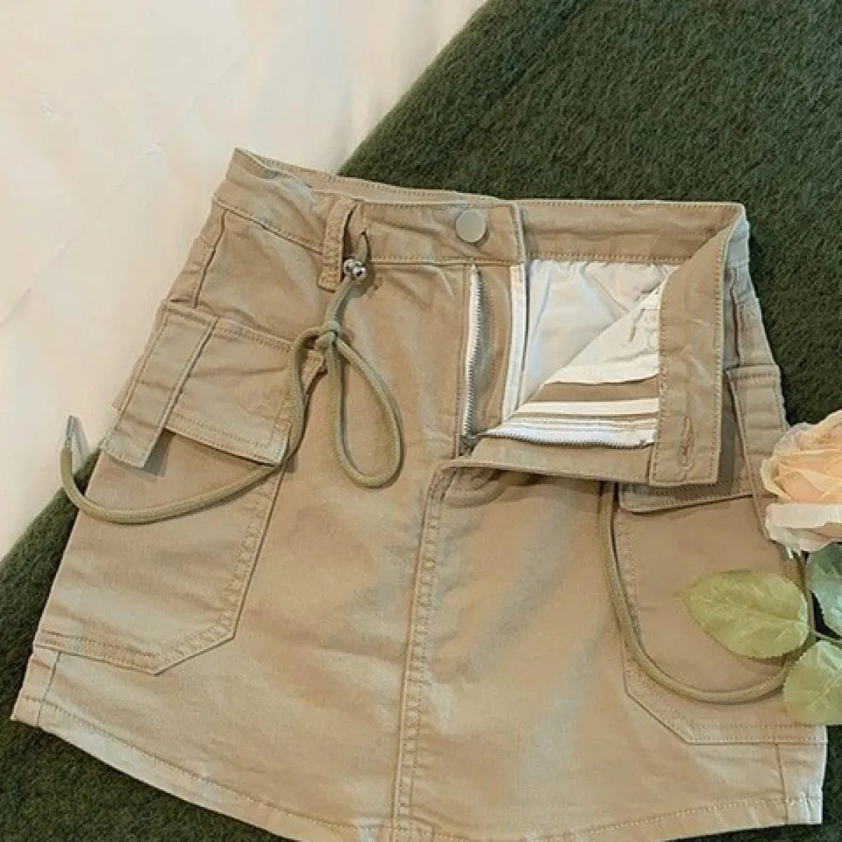 Zoki moda denim mini gonna cargo donna estate vita alta coulisse grandi tasche gonna jeans stile preppy gonna casual